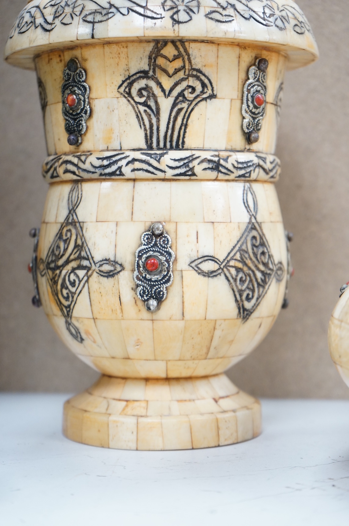 Four Indian camel bone veneered vases and boxes, tallest 30cm high